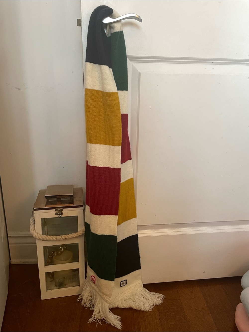 Hudson's Bay Co. Striped Knit Fringe Scarf in Cream, Navy, Red, Yellow & Green